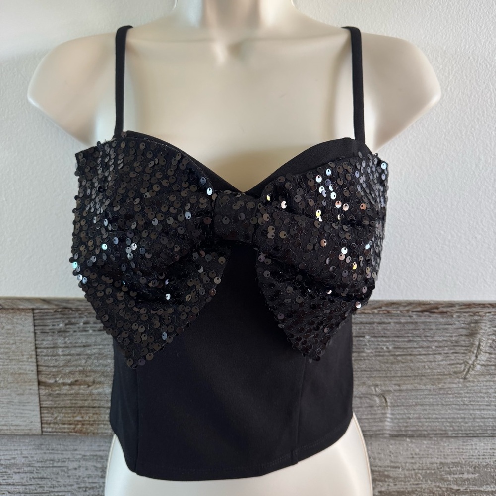 Thirty/Thirty LA Sequin Bow Black Crop Tank Top Size Small (R1) NWT
